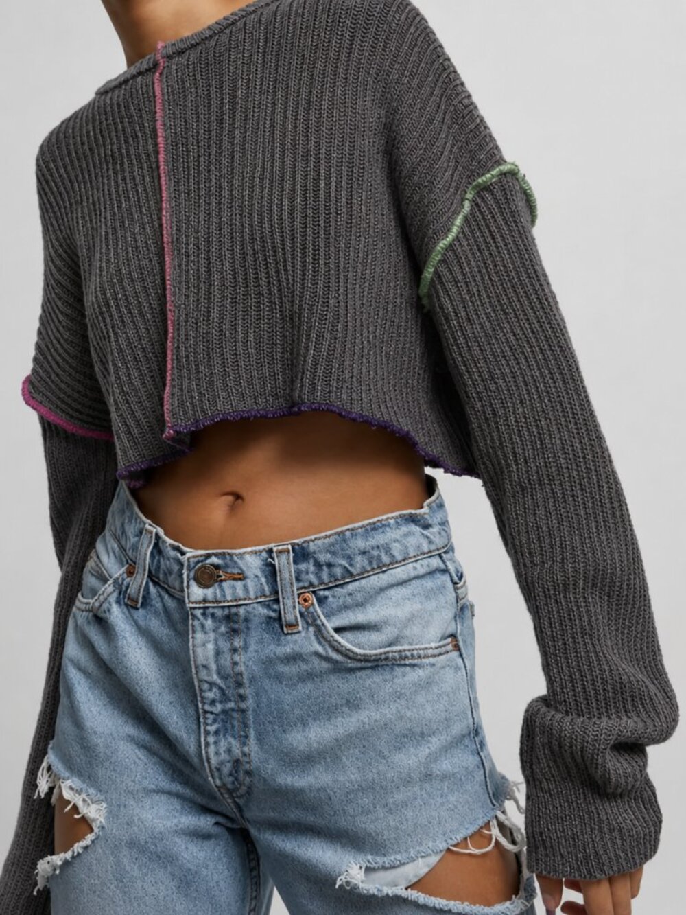 Urban Outfitters Urban Renewal Recycled 4-Color Outseam Cropped Sweater Gray S/M